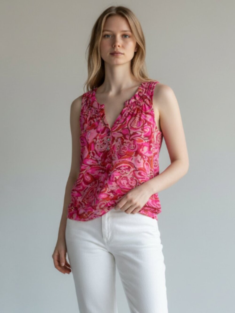 Lilly Pulitzer Blouse Sleeveless V-Neck Women's XS Pink Floral Cotton Casual